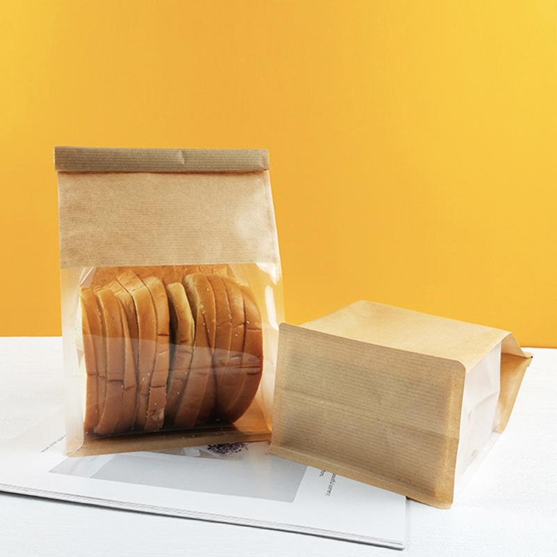 Middle Brown Paper and Clear Window Bread Flat Bottom Pouch with Tin Tie