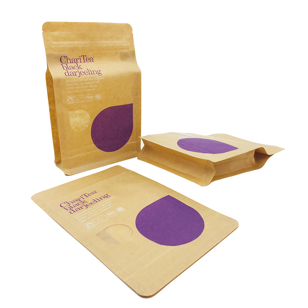 Flat Bottom Kraft Paper Pouch with Window and Zipper